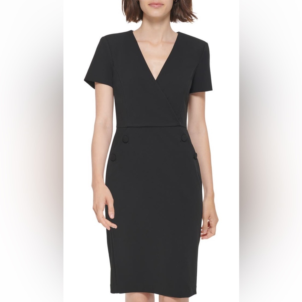 Calvin Klein Surplice Neck Short Sleeve Button Pocket Dress NWT Black Size 12